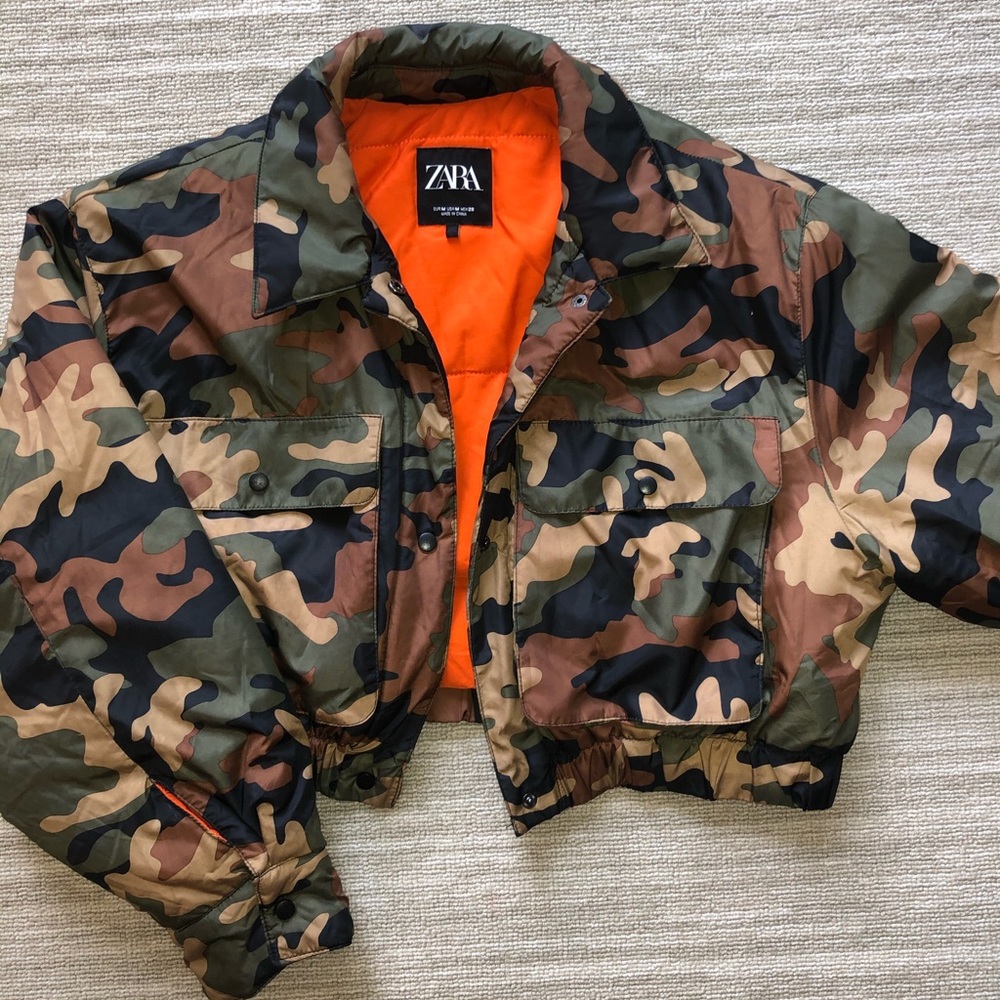 zara camo puffer jacket with orange inside